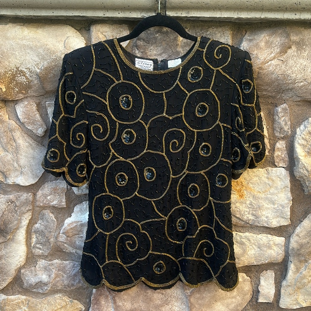 Stenay Blouse Top Black Gold Beaded 100% Silk Sequins Size Medium Short Sleeve